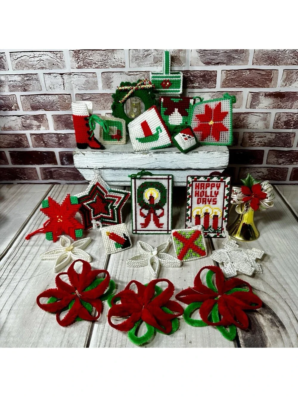 Vintage Lot 21 Plastic Canvas & Crocheted Christmas Ornaments & Poinsettia Decor